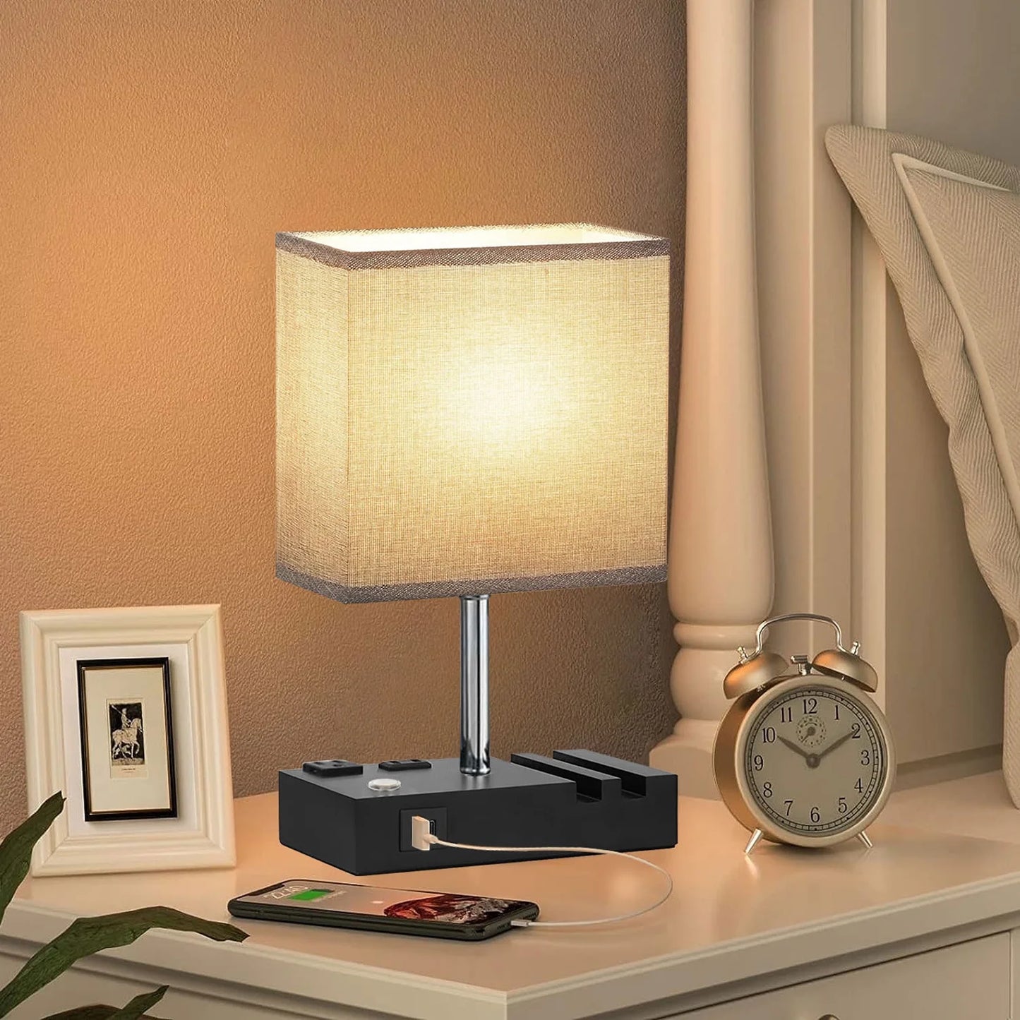 Table Lamp for Bedroom with Fast USB A&C Charging Ports, Bedside Lamps with 2 Phone Stands, 2 and 3-Prong AC Charging Outlets, Touch Lamp for Living Room, Dorm, Home Office