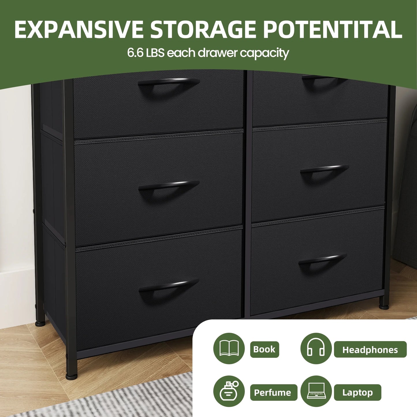 8 Drawers Fabric Storage Dressers for Living Room, Bedroom, Black/Rustic Brown