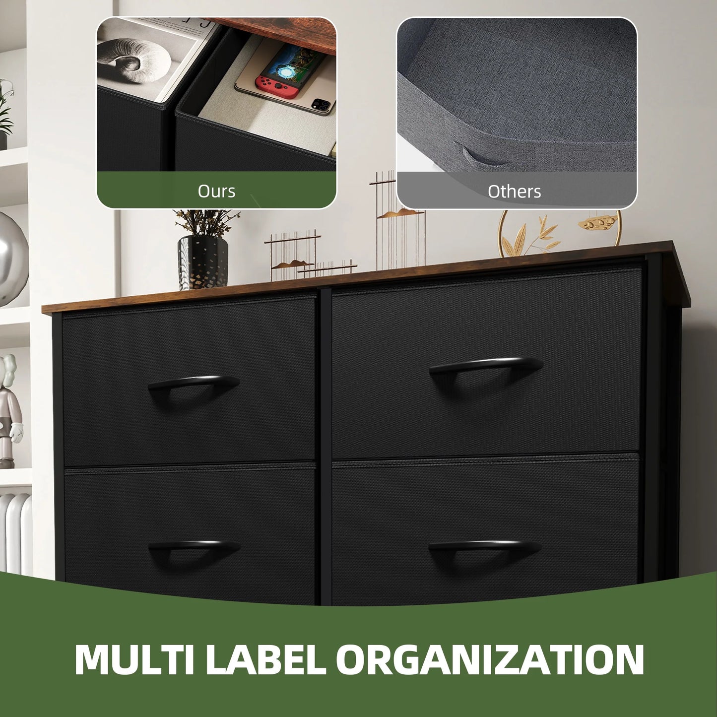 8 Drawers Fabric Storage Dressers for Living Room, Bedroom, Black/Rustic Brown