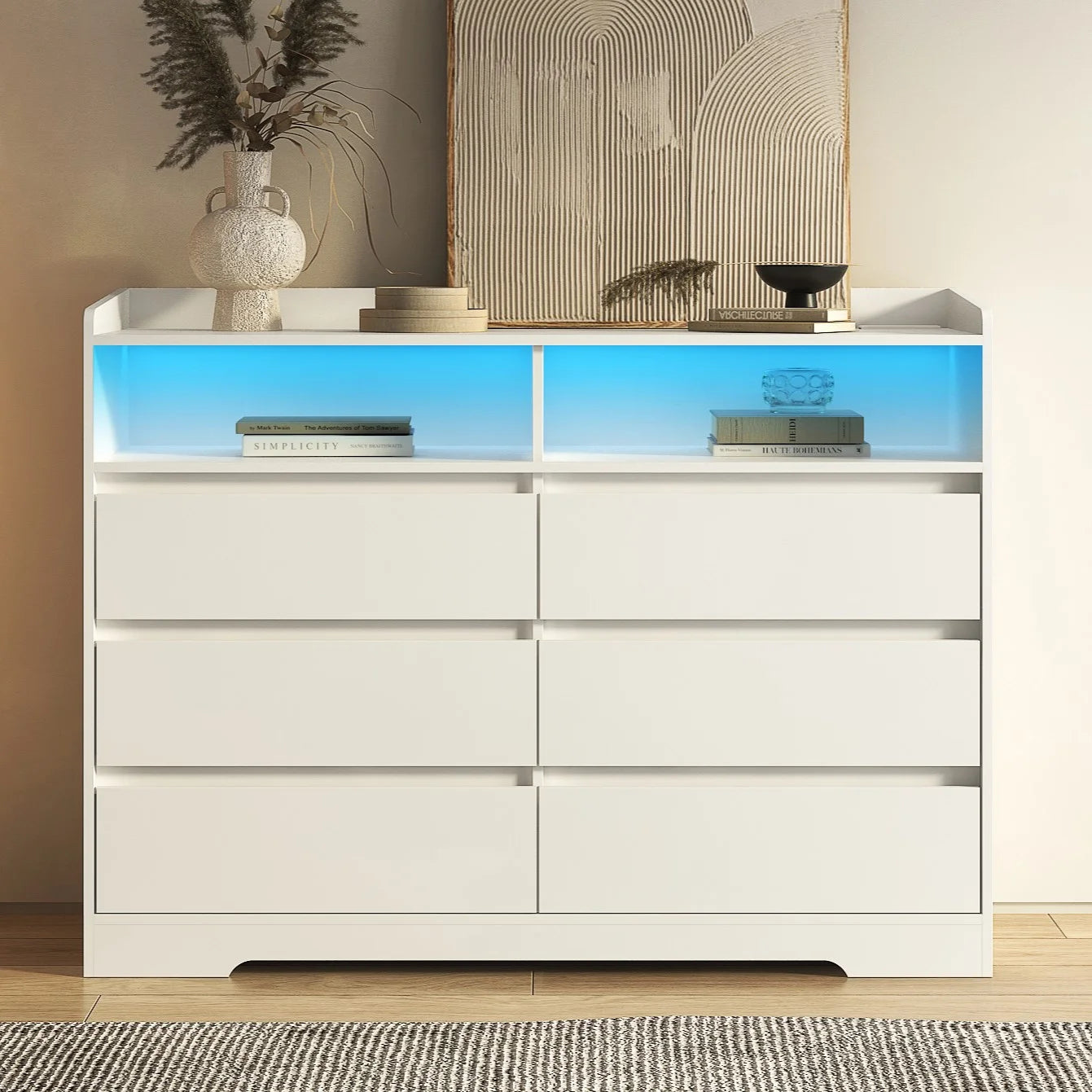 Modern Accent Chest of Drawers 6 Drawers Dresser for Bedroom Organizer with Led Light, White
