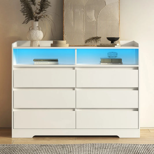 Modern Accent Chest of Drawers 6 Drawers Dresser for Bedroom Organizer with Led Light, White