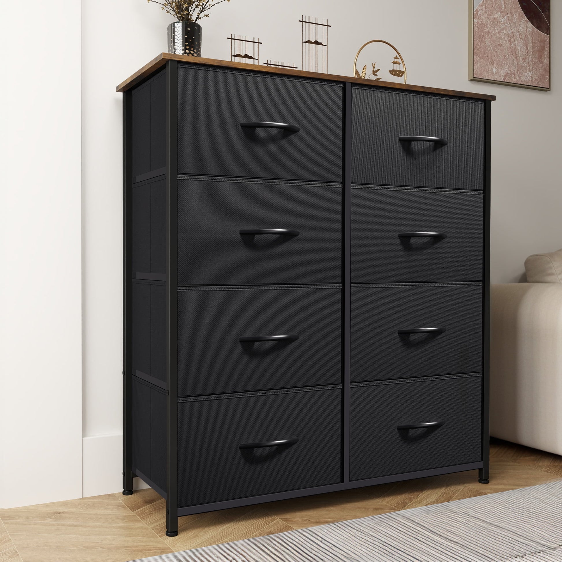 8 Drawers Fabric Storage Dressers for Living Room, Bedroom, Black/Rustic Brown