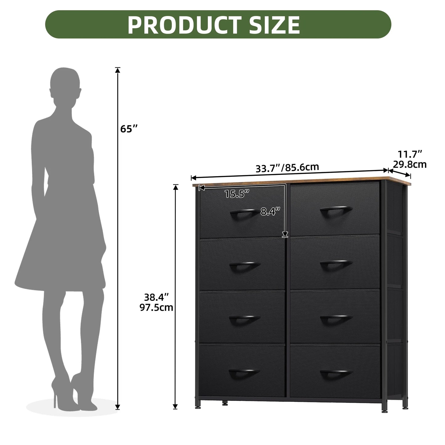 8 Drawers Fabric Storage Dressers for Living Room, Bedroom, Black/Rustic Brown