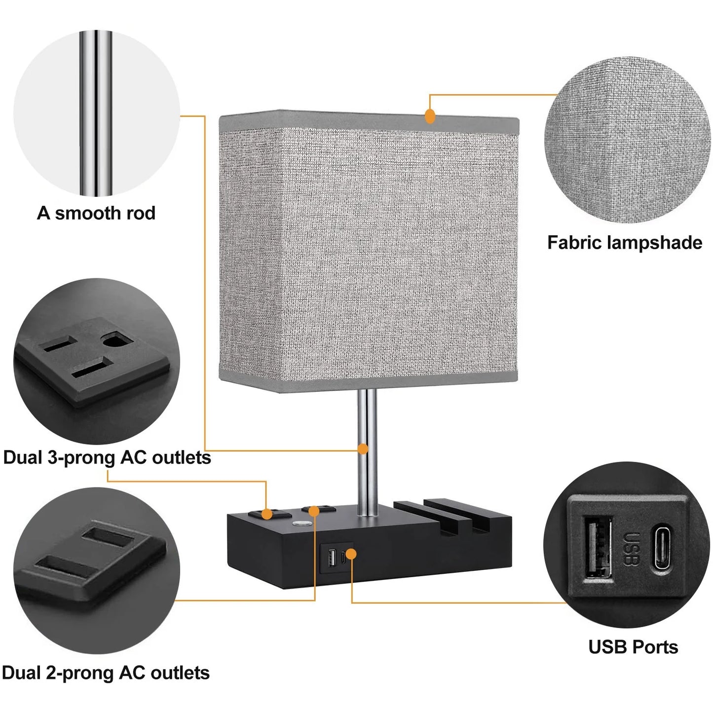 Table Lamp for Bedroom with Fast USB A&C Charging Ports, Bedside Lamps with 2 Phone Stands, 2 and 3-Prong AC Charging Outlets, Touch Lamp for Living Room, Dorm, Home Office