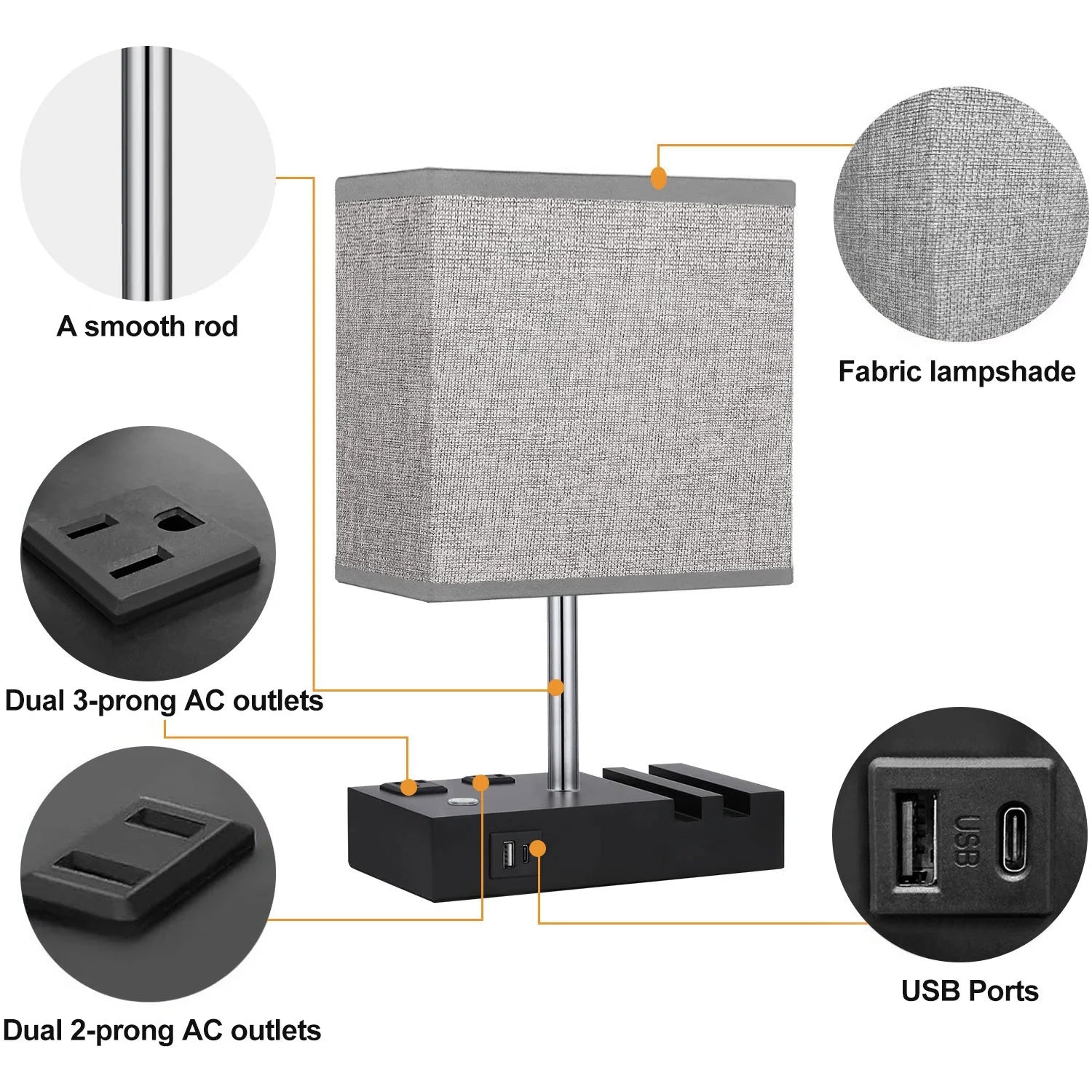 Table Lamp for Bedroom with Fast USB A&C Charging Ports, Bedside Lamps with 2 Phone Stands, 2 and 3-Prong AC Charging Outlets, Touch Lamp for Living Room, Dorm, Home Office