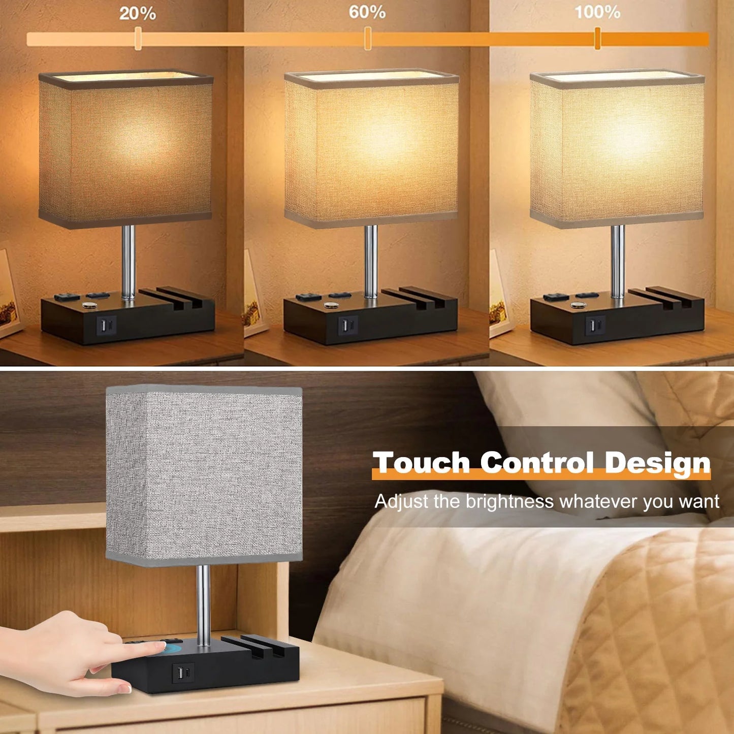 Table Lamp for Bedroom with Fast USB A&C Charging Ports, Bedside Lamps with 2 Phone Stands, 2 and 3-Prong AC Charging Outlets, Touch Lamp for Living Room, Dorm, Home Office