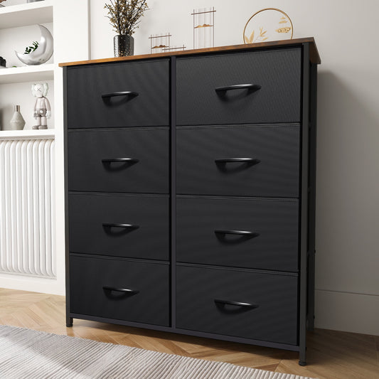 8 Drawers Fabric Storage Dressers for Living Room, Bedroom, Black/Rustic Brown