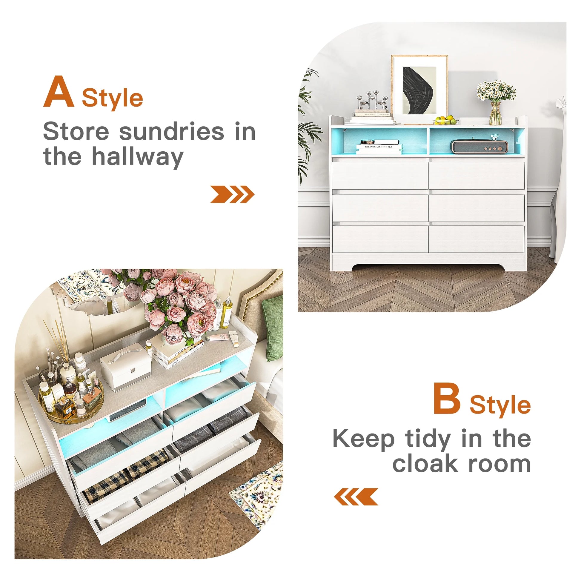 Modern Accent Chest of Drawers 6 Drawers Dresser for Bedroom Organizer with Led Light, White