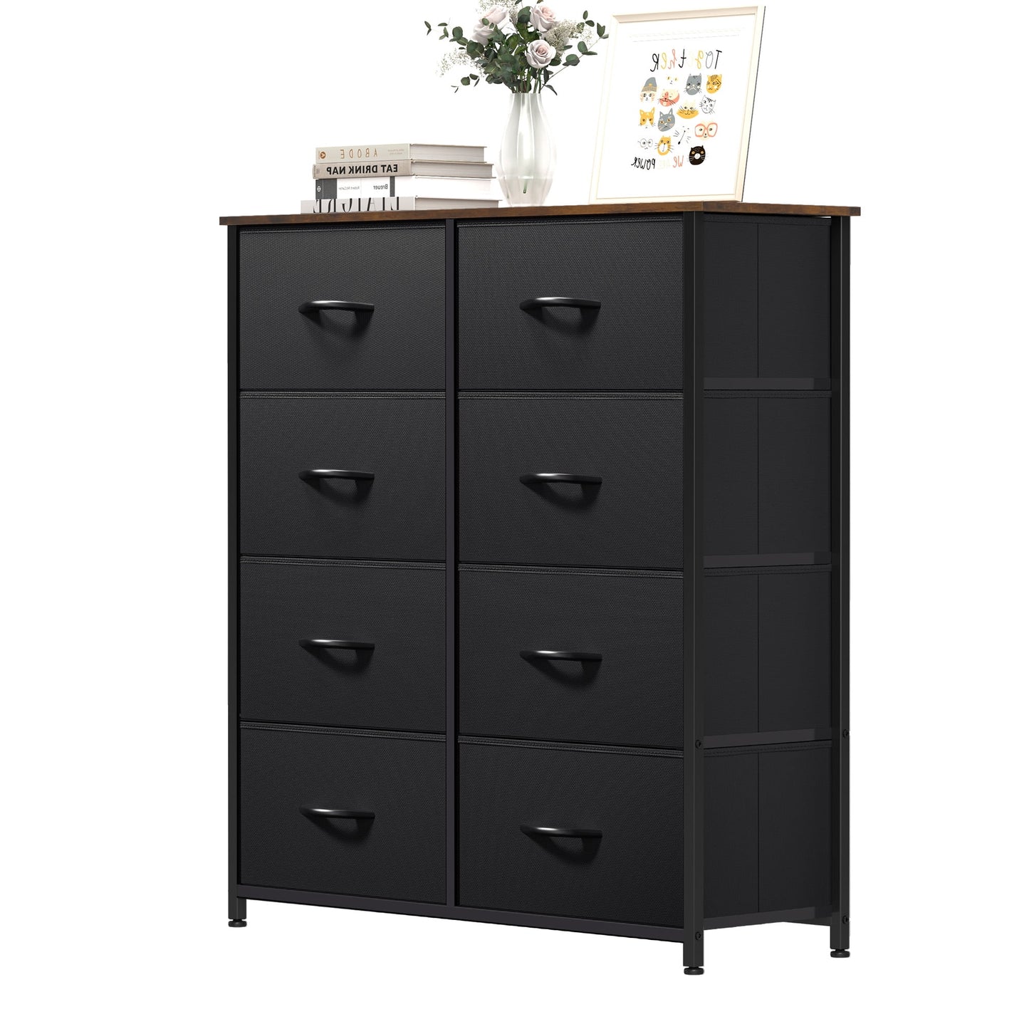 8 Drawers Fabric Storage Dressers for Living Room, Bedroom, Black/Rustic Brown