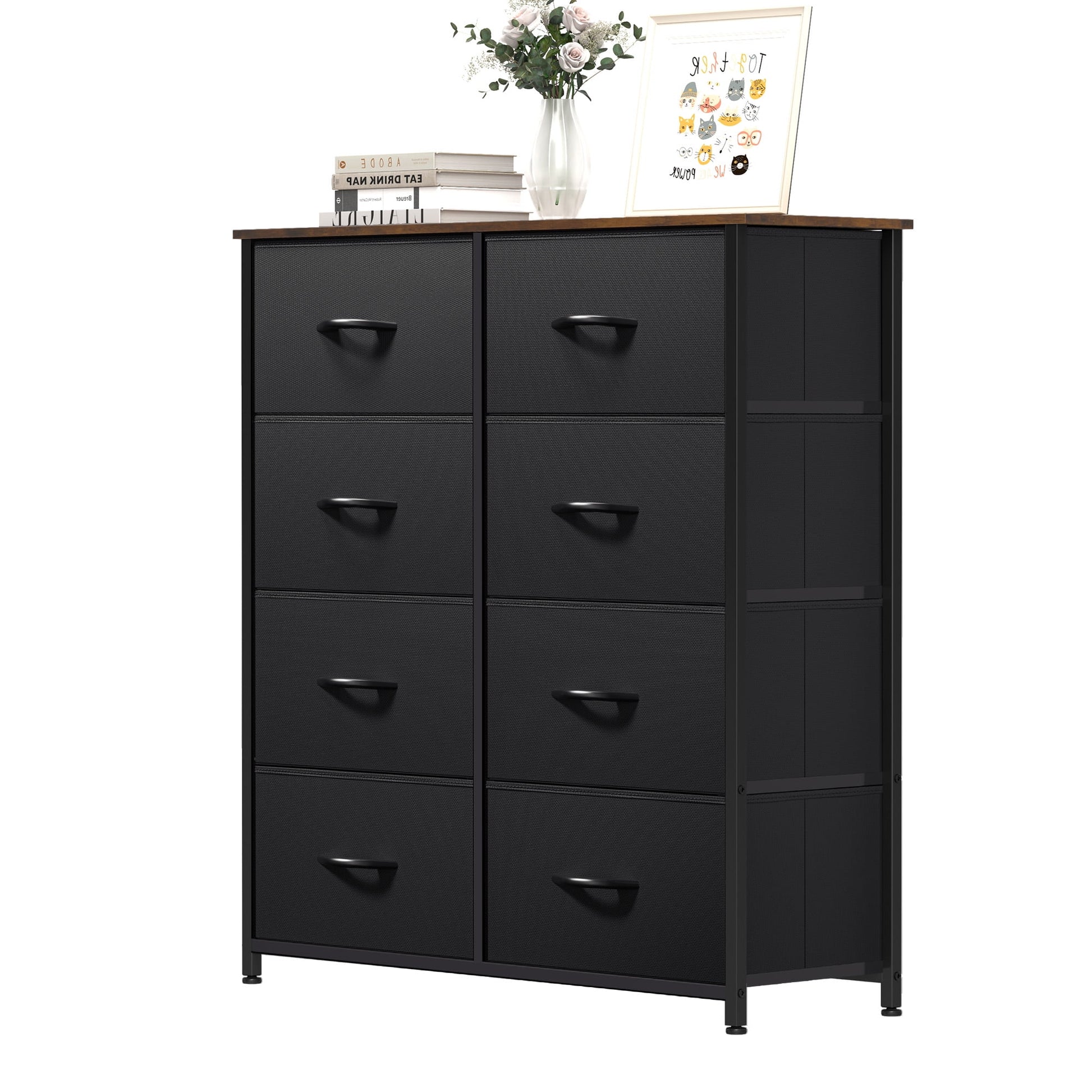 8 Drawers Fabric Storage Dressers for Living Room, Bedroom, Black/Rustic Brown