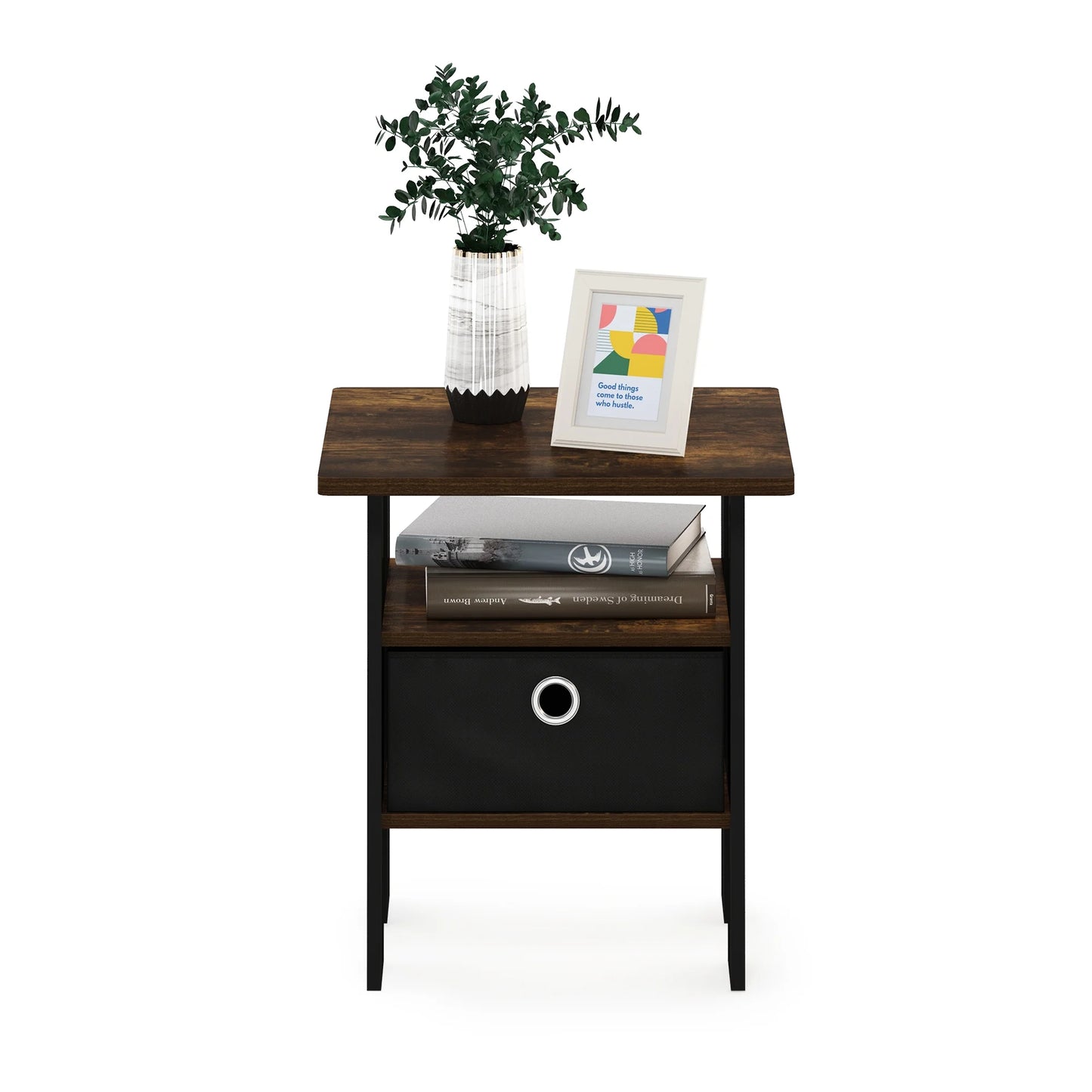 Tidur Bedside Table Nightstand with Bin Drawer, Amber Pine/Black