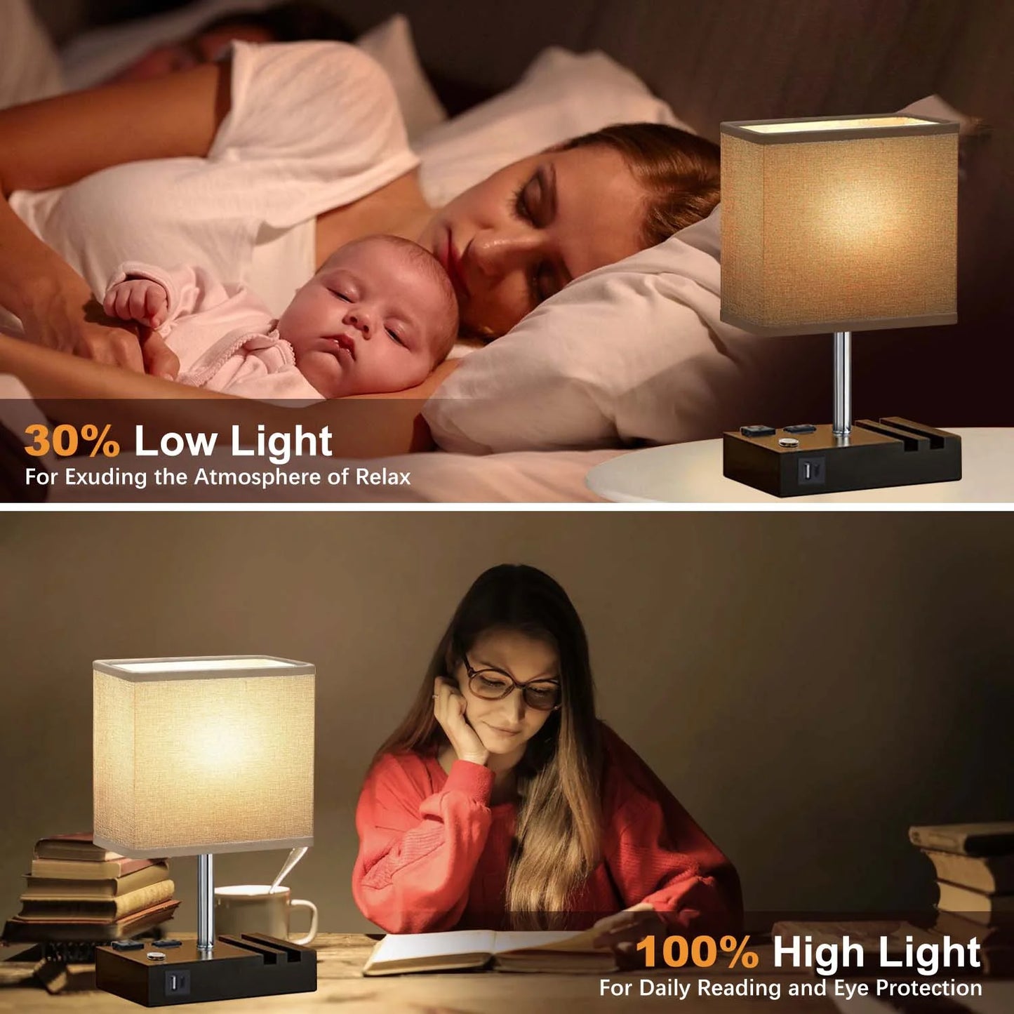 Table Lamp for Bedroom with Fast USB A&C Charging Ports, Bedside Lamps with 2 Phone Stands, 2 and 3-Prong AC Charging Outlets, Touch Lamp for Living Room, Dorm, Home Office