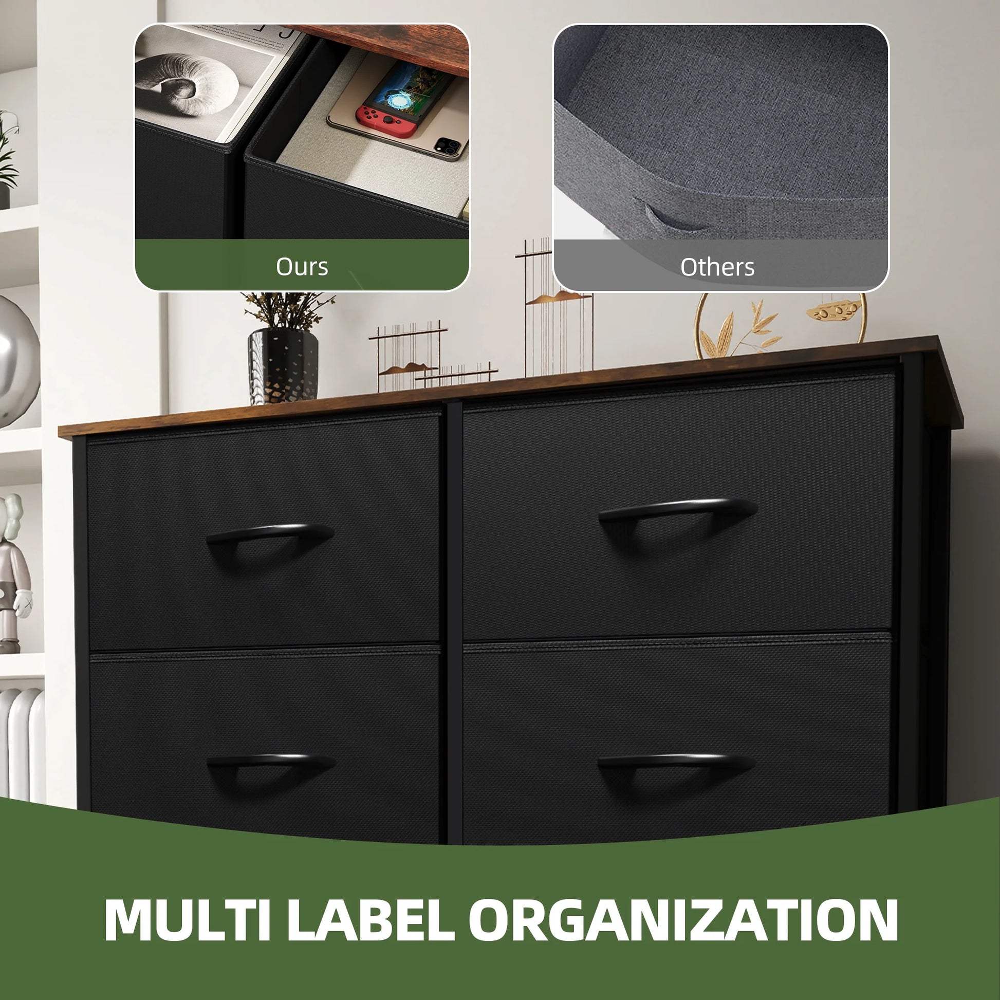 8 Drawers Fabric Storage Dressers for Living Room, Bedroom, Black/Rustic Brown