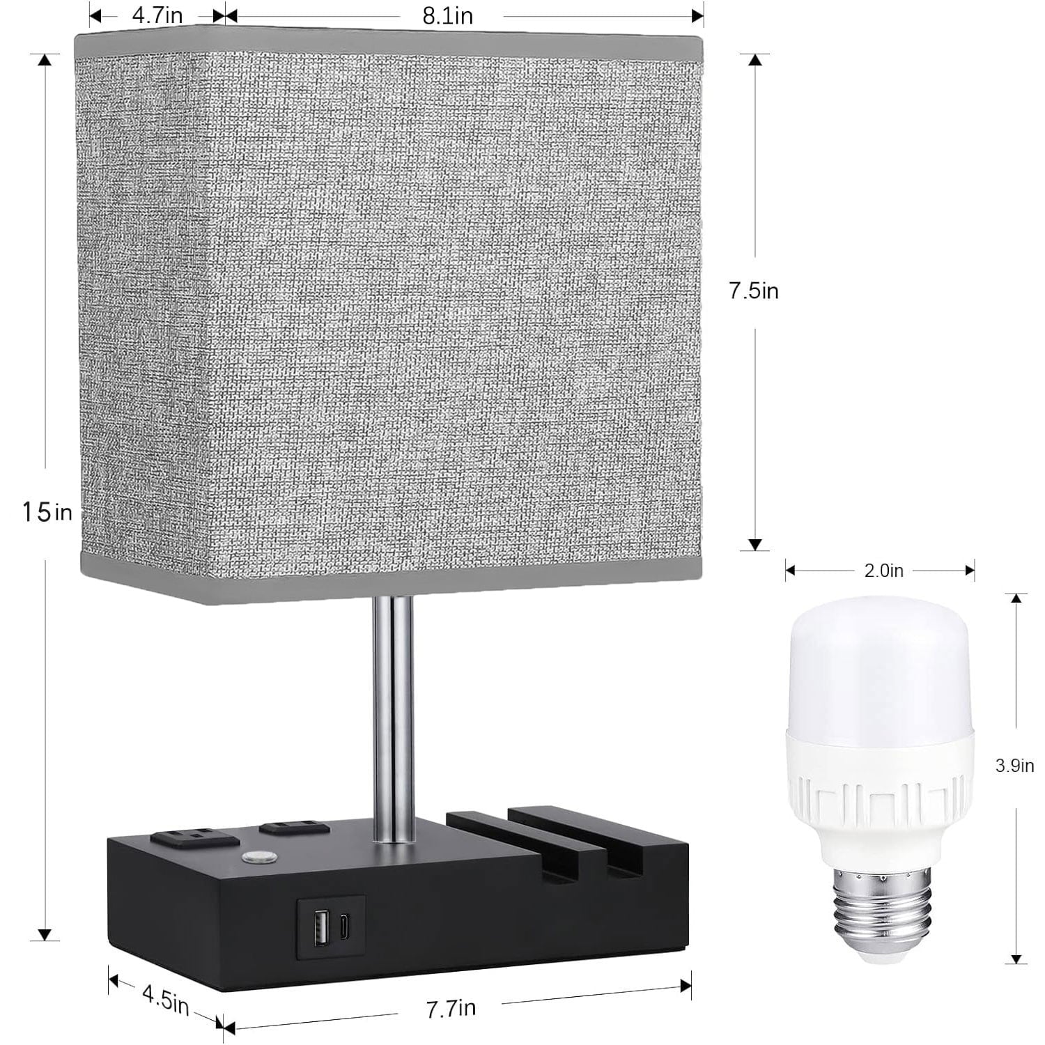 Table Lamp for Bedroom with Fast USB A&C Charging Ports, Bedside Lamps with 2 Phone Stands, 2 and 3-Prong AC Charging Outlets, Touch Lamp for Living Room, Dorm, Home Office