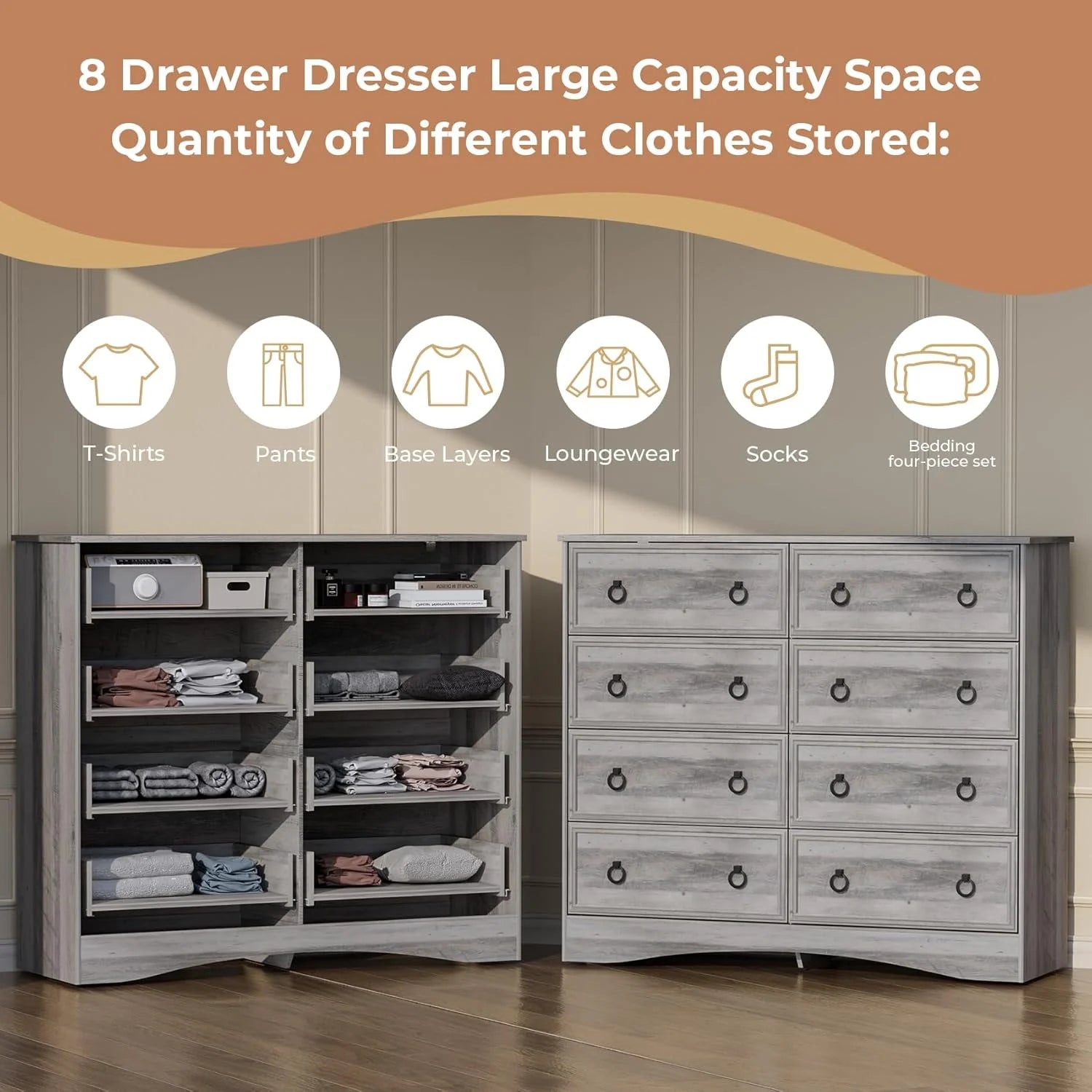 8 Drawer Dresser for Bedroom, Dresser TV Stand, Chest of Drawers for Storage and Organization, Gray