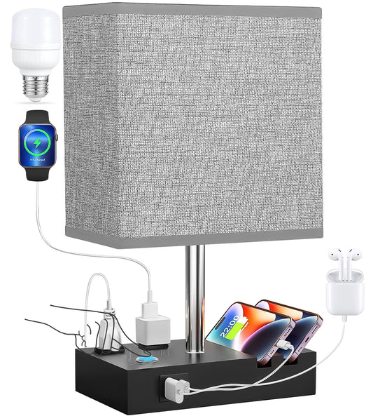 Table Lamp for Bedroom with Fast USB A&C Charging Ports, Bedside Lamps with 2 Phone Stands, 2 and 3-Prong AC Charging Outlets, Touch Lamp for Living Room, Dorm, Home Office