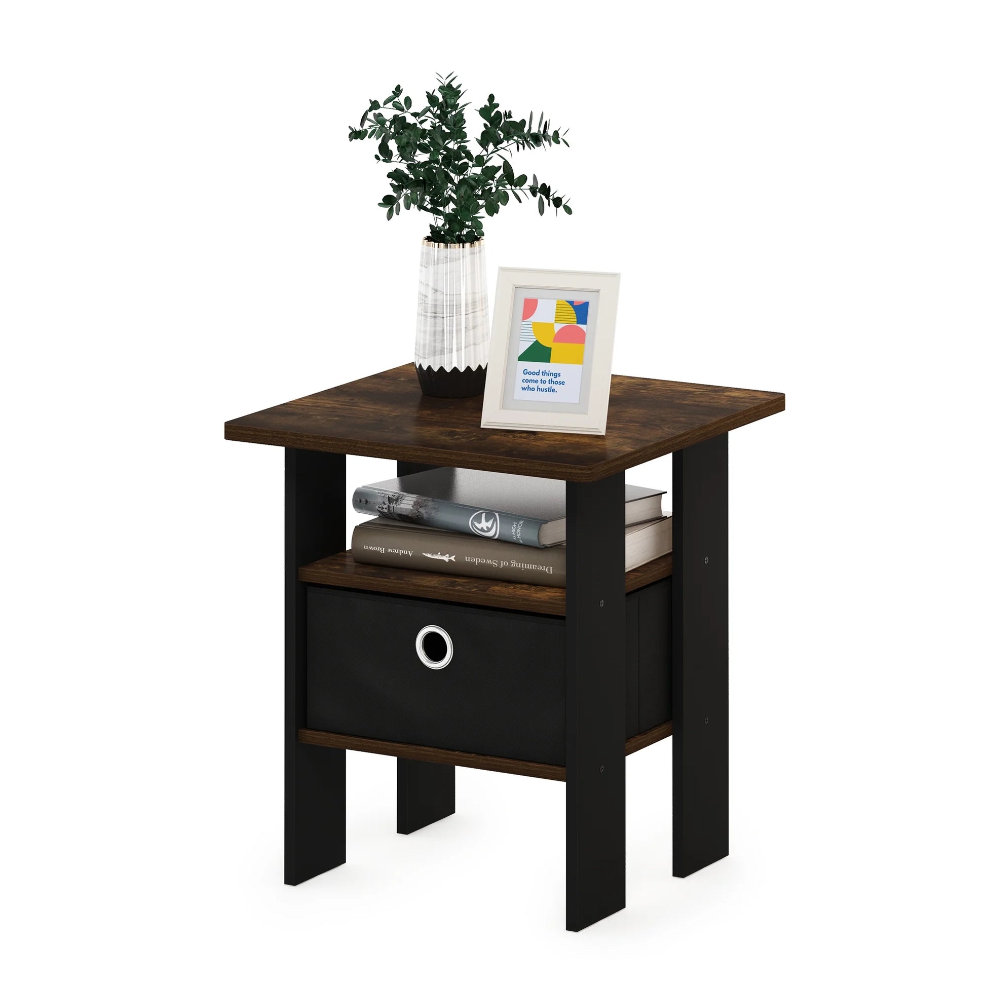 Tidur Bedside Table Nightstand with Bin Drawer, Amber Pine/Black