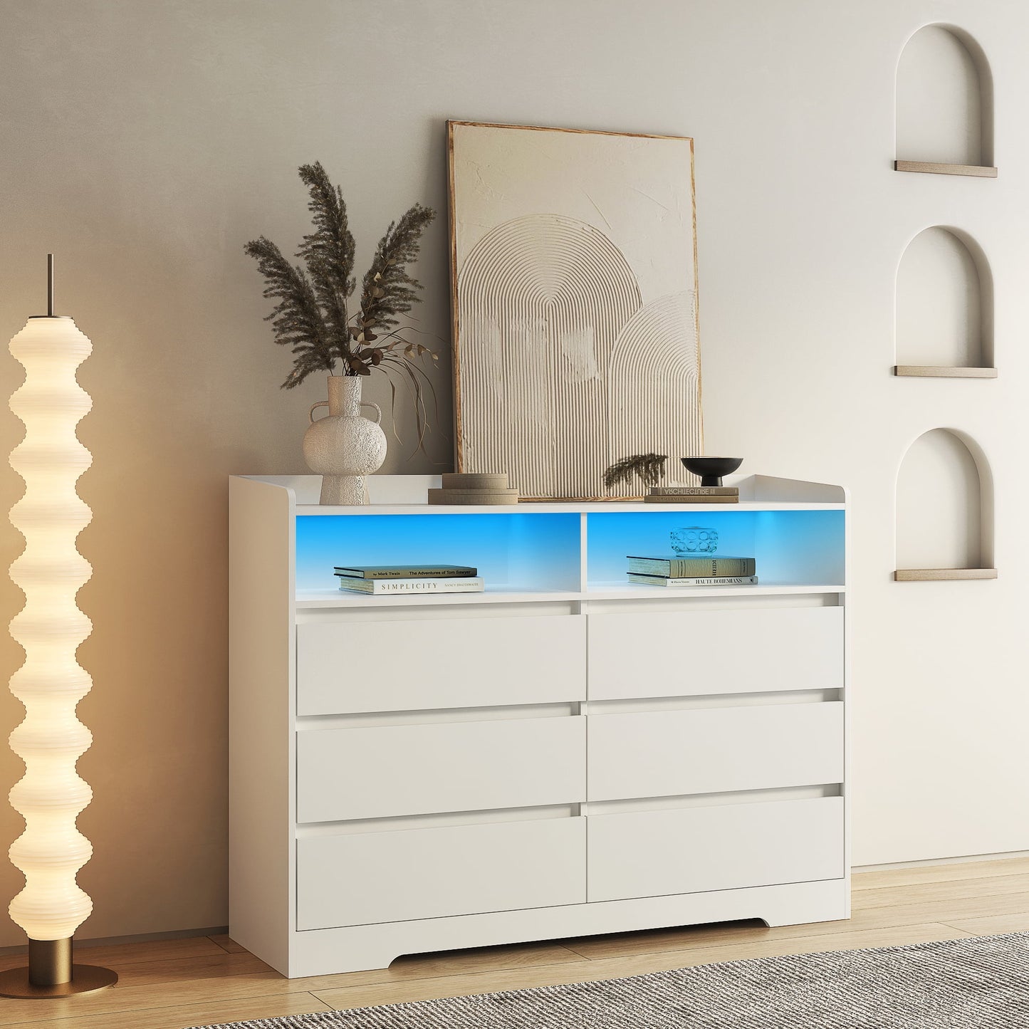 Modern Accent Chest of Drawers 6 Drawers Dresser for Bedroom Organizer with Led Light, White