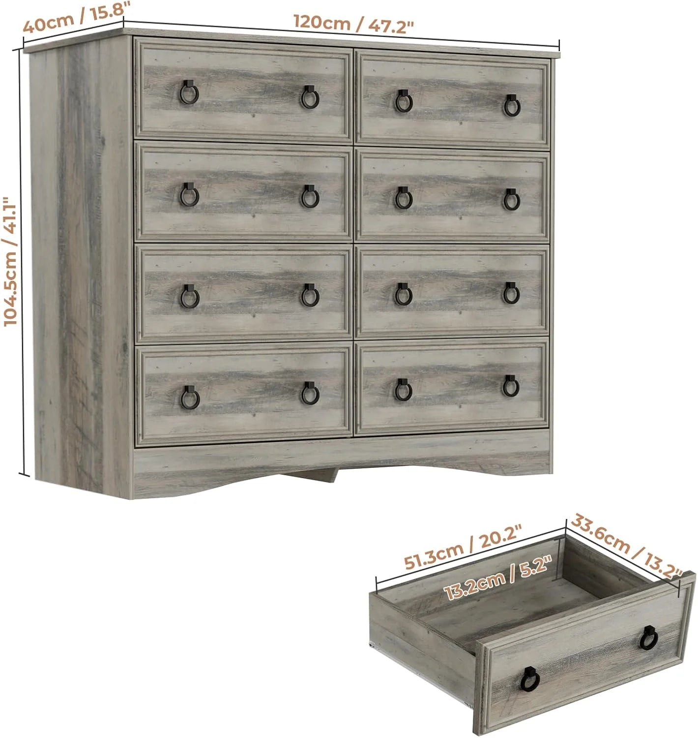 8 Drawer Dresser for Bedroom, Dresser TV Stand, Chest of Drawers for Storage and Organization, Gray