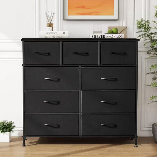 Black 9-Drawer 11.8 In. W Chest of Drawers Fabric Storage Tower with Steel Frame, Wooden Top