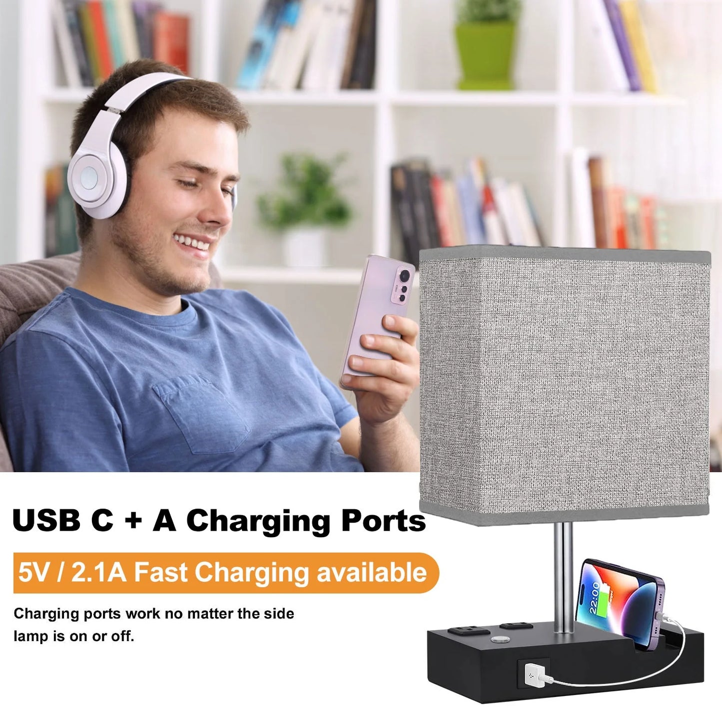 Table Lamp for Bedroom with Fast USB A&C Charging Ports, Bedside Lamps with 2 Phone Stands, 2 and 3-Prong AC Charging Outlets, Touch Lamp for Living Room, Dorm, Home Office