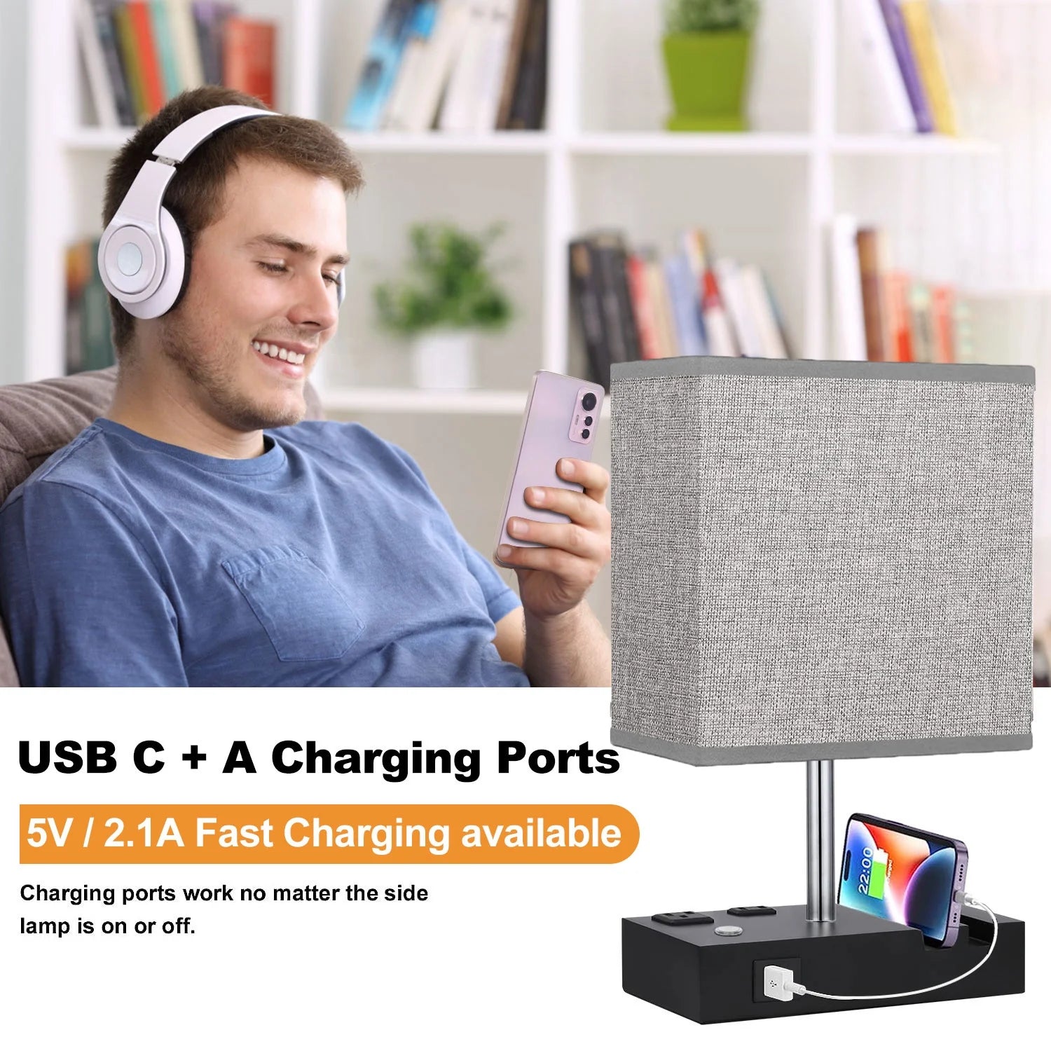 Table Lamp for Bedroom with Fast USB A&C Charging Ports, Bedside Lamps with 2 Phone Stands, 2 and 3-Prong AC Charging Outlets, Touch Lamp for Living Room, Dorm, Home Office