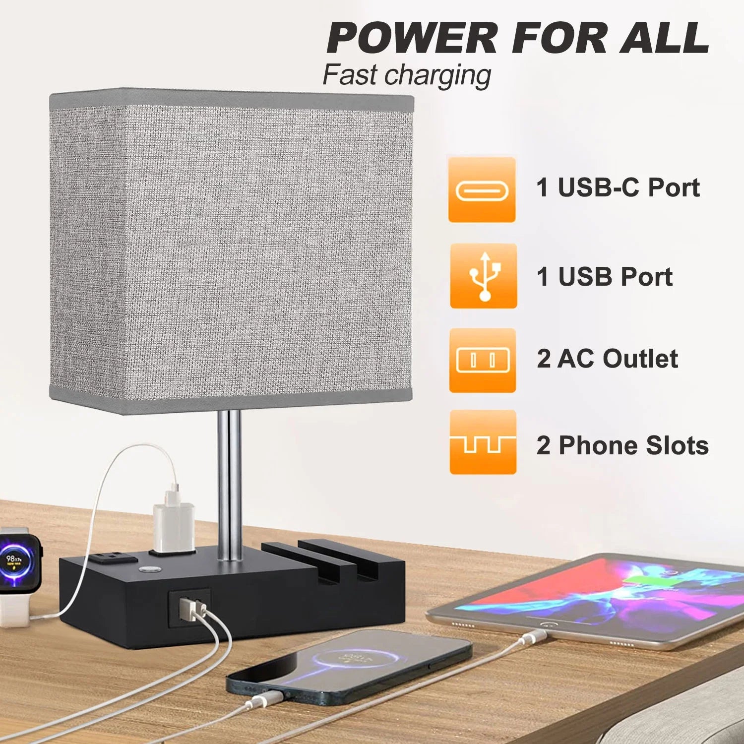 Table Lamp for Bedroom with Fast USB A&C Charging Ports, Bedside Lamps with 2 Phone Stands, 2 and 3-Prong AC Charging Outlets, Touch Lamp for Living Room, Dorm, Home Office