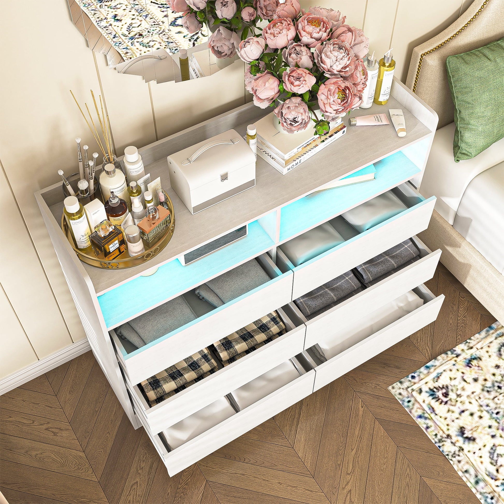 Modern Accent Chest of Drawers 6 Drawers Dresser for Bedroom Organizer with Led Light, White